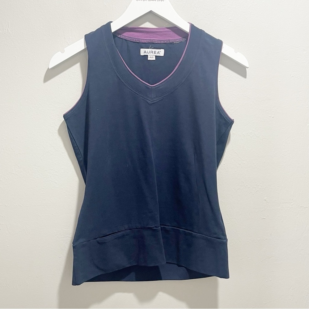 AUREA Women's Navy Blue Purple Piping V-Neck Golf Top Blouse Pockets Size Small
